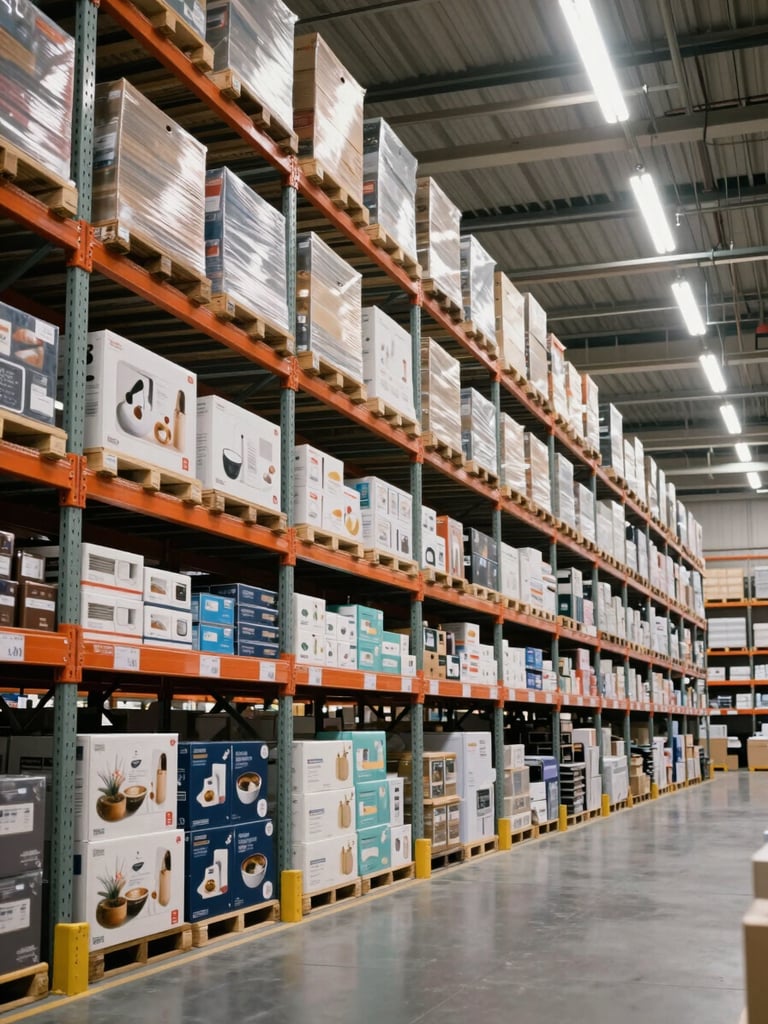 Wide warehouse aisle shot from eye level, dense metal shelving packed with boxed household goods stretching to the right, overhead fluorescent and skylight illumination, no people, flat documentary tone