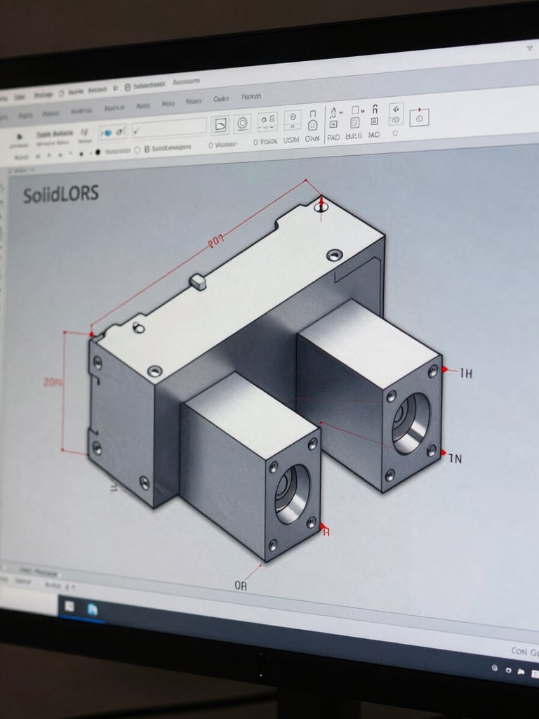 Extreme close-up of a SolidWorks part file on monitor, tolerance dimension annotations visible on screen, hard side-raking studio light, cool color temperature, sharp geometric CAD lines dominating the frame