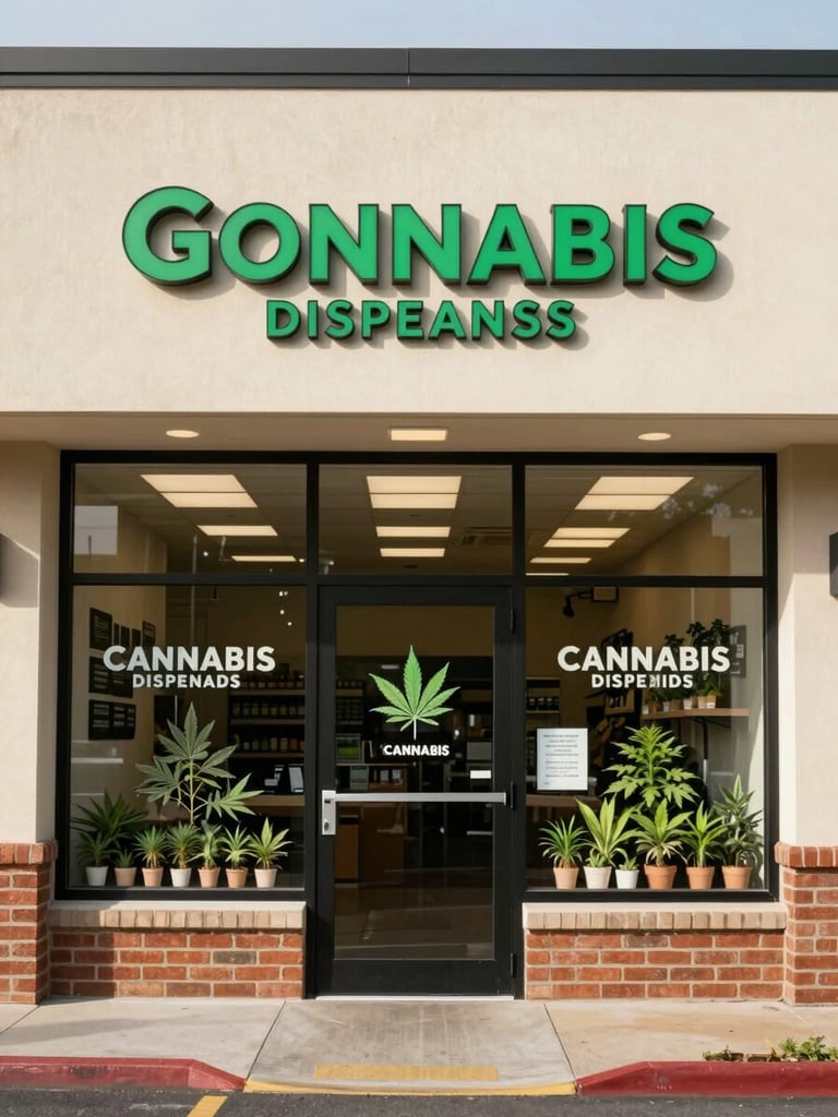 Wide environmental shot of a retail cannabis dispensary storefront exterior on Gosnell Road, Tysons Virginia — straight-on framing, clean daylight illumination, store entrance clearly visible with posted signage on the door, no pedestrians or customers, professional retail exterior, institutional photography style