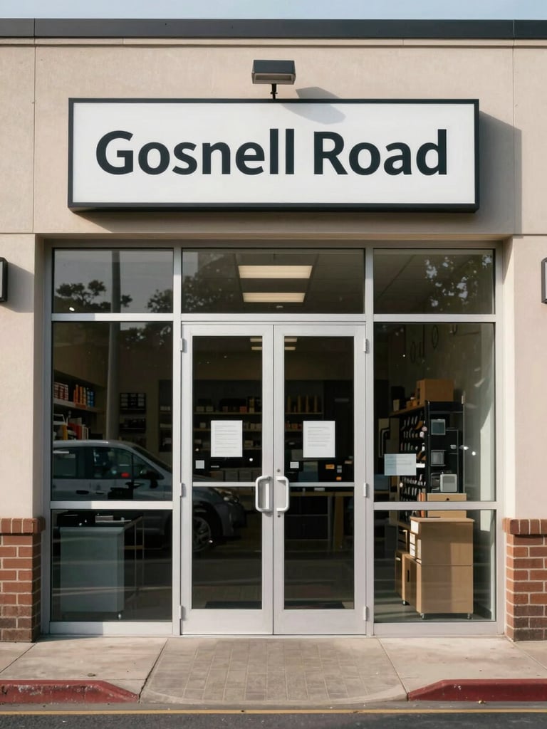 Wide environmental shot of a regulated retail storefront entrance on Gosnell Road, straight-on framing showing the glass door and address signage under clean natural daylight, no customers visible, professional exterior lighting, neutral commercial building facade