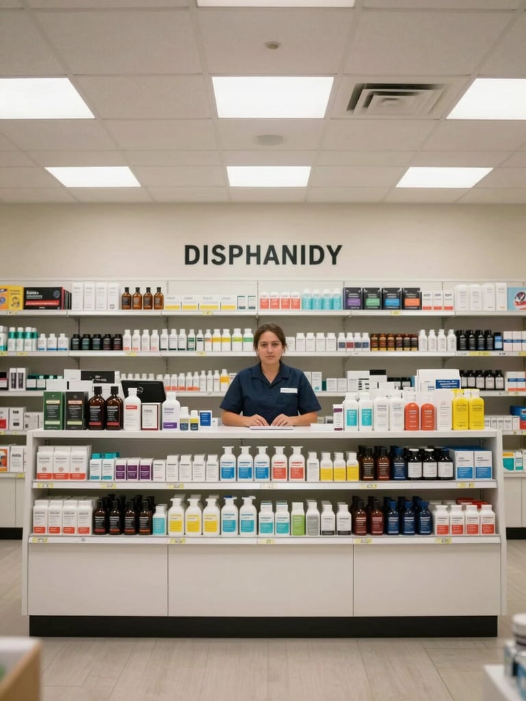 Wide interior shot of a clean retail dispensary counter under bright LED overhead lighting, a staff member in professional attire standing behind a organized display counter, straight-on medium framing showing product organization and clear signage on the back wall, no customers visible, institutional retail atmosphere