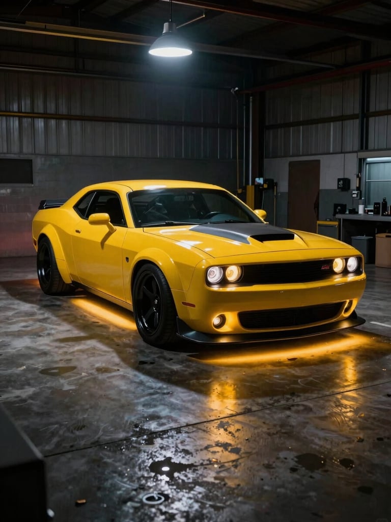 Wide horizontal frame of a high-performance widebody muscle car parked inside a dark industrial shop bay, illuminated from below by vivid yellow underglow casting long shadows across oil-stained concrete, a single overhead work lamp casting hard light on the hood, deep shadows at the edges, cinematic desert night energy
