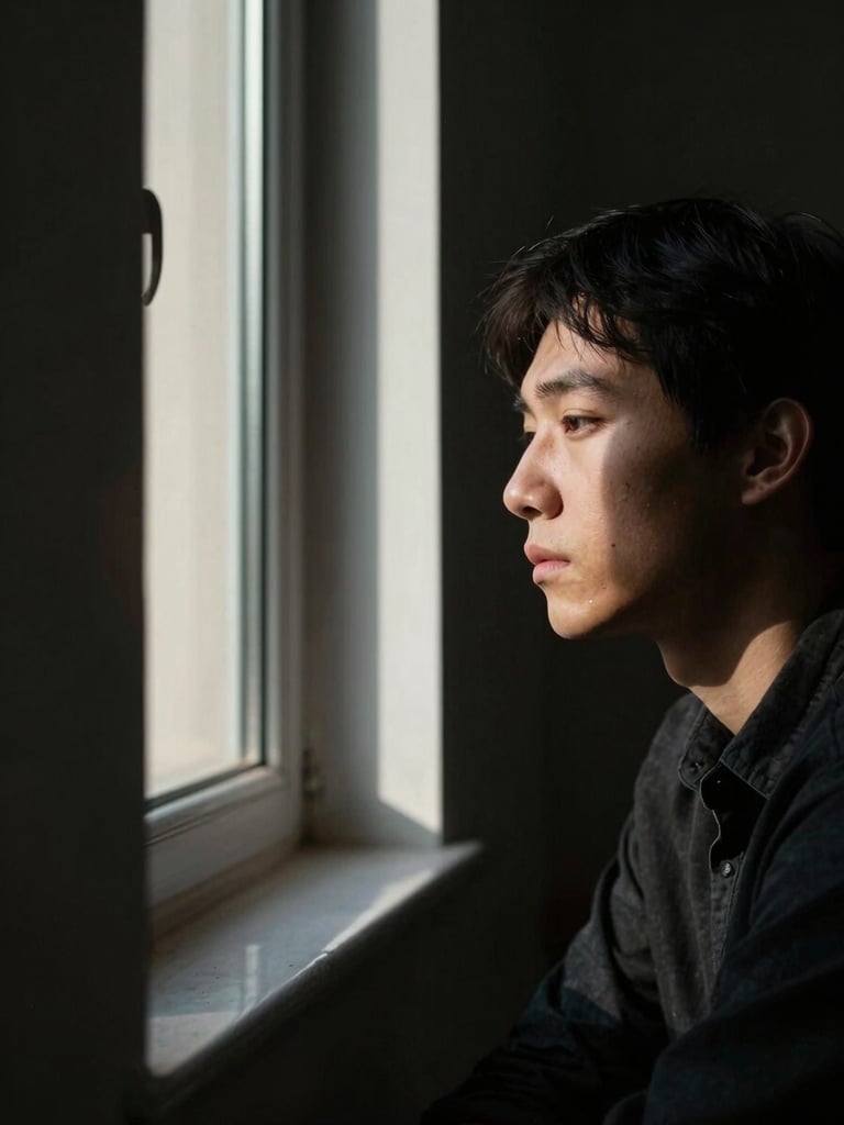 Extreme close-up of a solitary figure seated beside a tall narrow window, dramatic side-lighting casting a hard shadow across half the face, deep charcoal interior, the lit half of the face in sharp relief against absolute darkness, introspective stillness, chiaroscuro cinematic framing