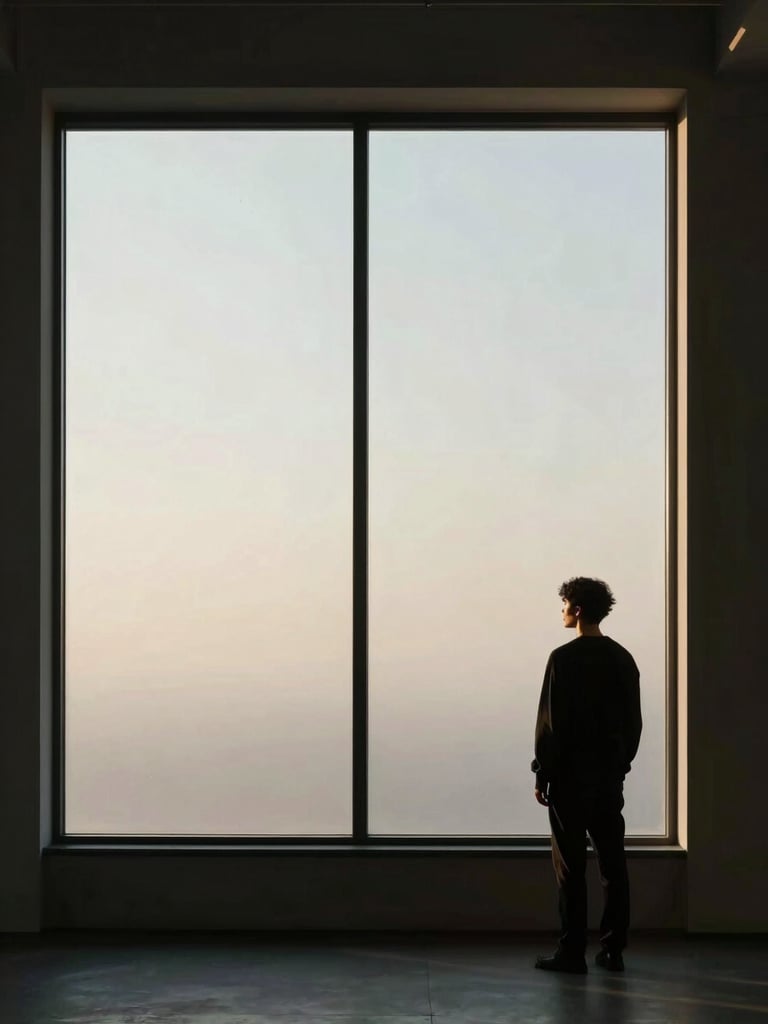 Wide cinematic frame, a solitary figure standing back-turned before a floor-to-ceiling window in a minimal dark interior, dramatic lateral light carving half the face in shadow and half in pale gold, vast negative space on the left third, stillness before transformation
