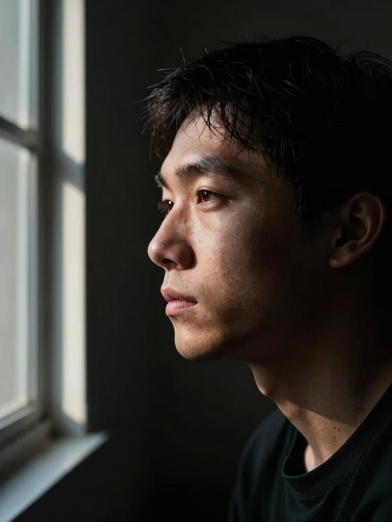 Close-up portrait of a solitary figure in a sparse dark interior, dramatic side-lighting from a narrow window to the left casting deep chiaroscuro shadows across the face, the right side dissolving into near-black, psychological stillness, no expression of celebration, cinematic negative space