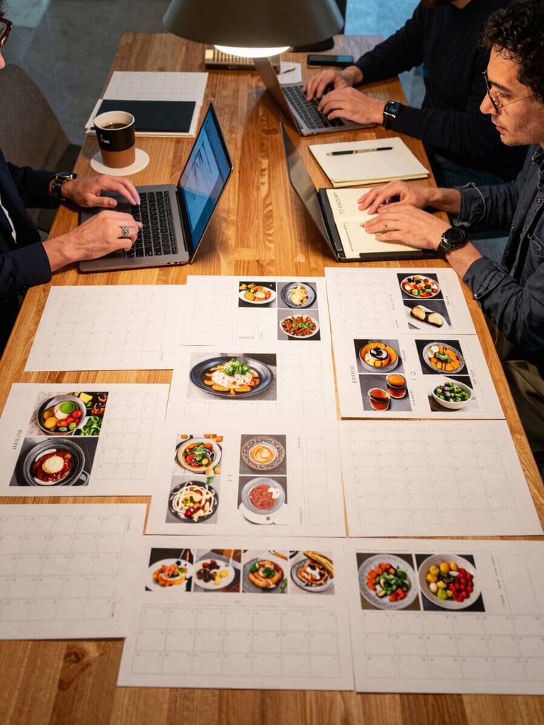Wide shot of an agency planning session at a wooden table, printed content calendars and food photographs spread out, two people reviewing shots on a laptop under warm indoor pendant light, coffee cups and notebooks visible, honest working atmosphere
