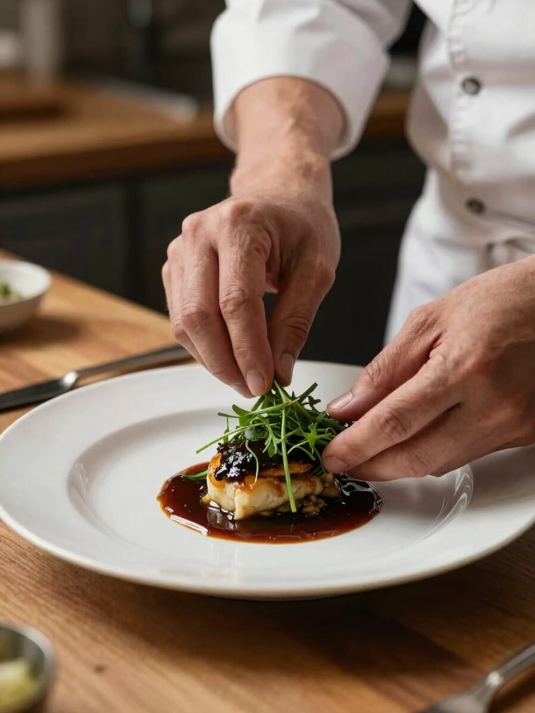 Close-up of a chef's hands mid-plating a dish on a white ceramic plate, warm north-facing kitchen light, fresh herbs and dark sauce visible, wooden prep counter in the background, shallow depth of field