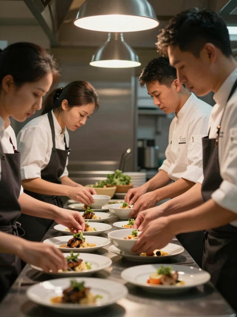 Three kitchen staff plating dishes side by side in a narrow restaurant pass, warm overhead pendant light, hands focused on ceramic bowls, mid-service energy, no faces turned toward camera