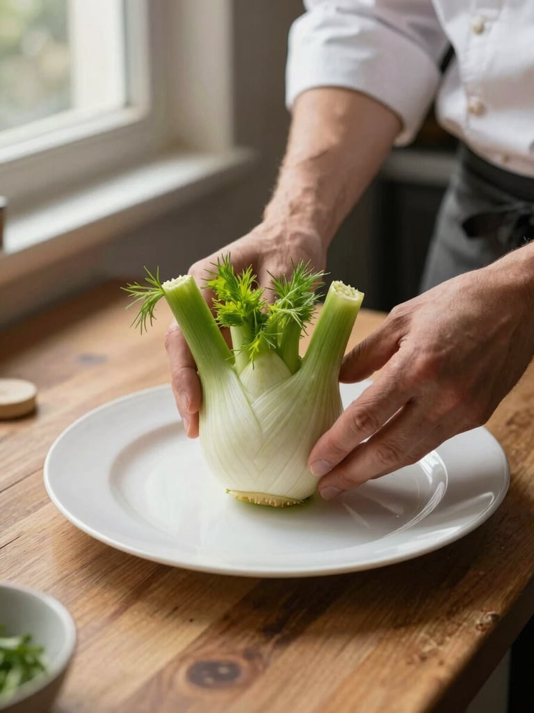 Close-up overhead of a chef's hands arranging fresh fennel fronds on a white plate, warm north-facing kitchen window light, soft shadows on a worn wooden prep counter
