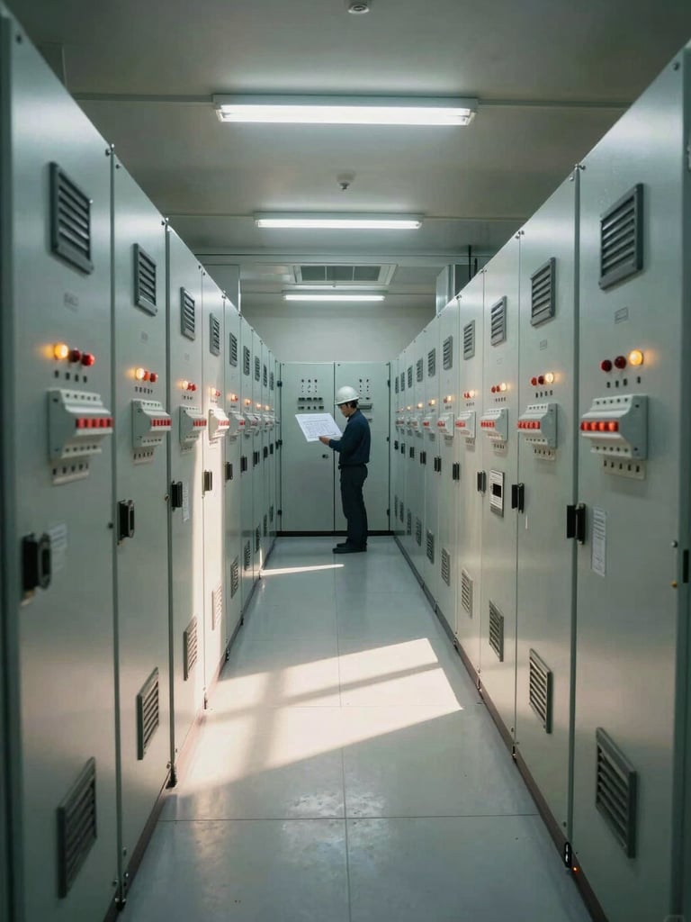Wide interior shot of an industrial electrical switchgear room, rows of high-voltage panels with labelled breakers and indicator lights, overhead fluorescent lighting casting sharp shadows, a small-scale technician in hard hat visible in the far background reviewing a schematic, no face visible, documentary framing