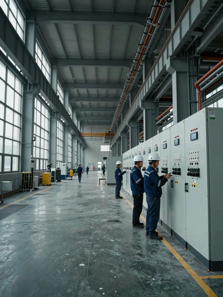 Wide industrial facility interior, technicians in hard hats working at a large electrical control panel on the far right, cool overcast light through high windows, dense cable conduit runs overhead, no faces visible, documentary framing