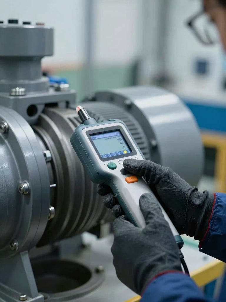 Extreme close-up of a technician's gloved hands operating a handheld vibration diagnostic instrument against a large rotating pump assembly, facility background blurred, cool overcast north-facing light, no face visible, sharp instrument detail in foreground