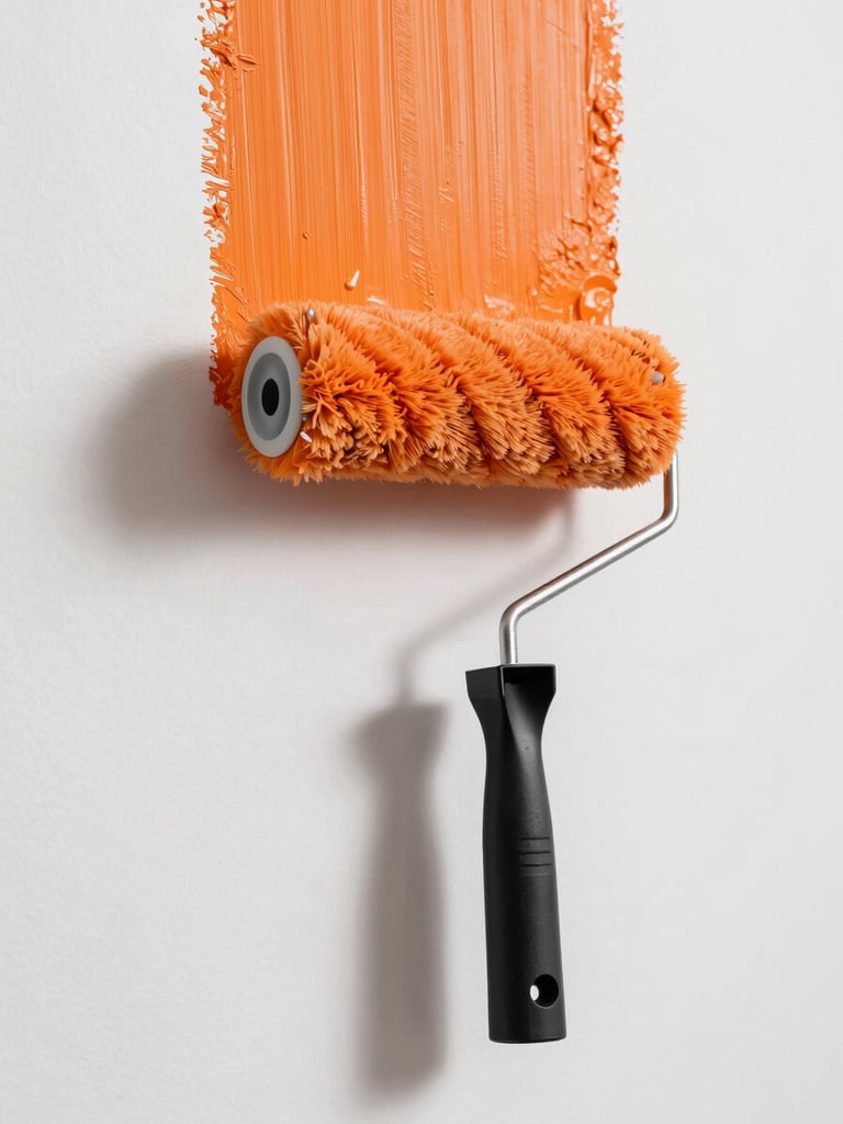A clean, modern paint roller laying down a vibrant orange stroke on a perfectly smooth white wall, sharp paint edge, natural daylight