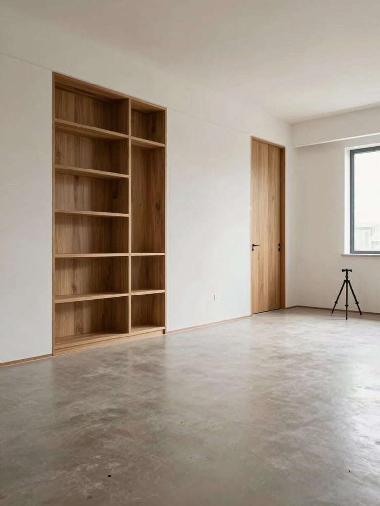 Completed renovation of the same Lubumbashi living room — polished screed floor, white plaster walls with precise geometry, minimal built-in joinery in natural wood, diffused north-facing daylight, empty space, tripod-stable wide architectural frame