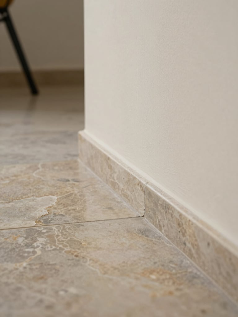 Extreme close-up of a polished stone floor joint meeting a matte plaster wall base, clean diffused daylight from the left, sharp geometry of the seam, warm ivory and charcoal tones, architectural stillness, tripod shot, no people