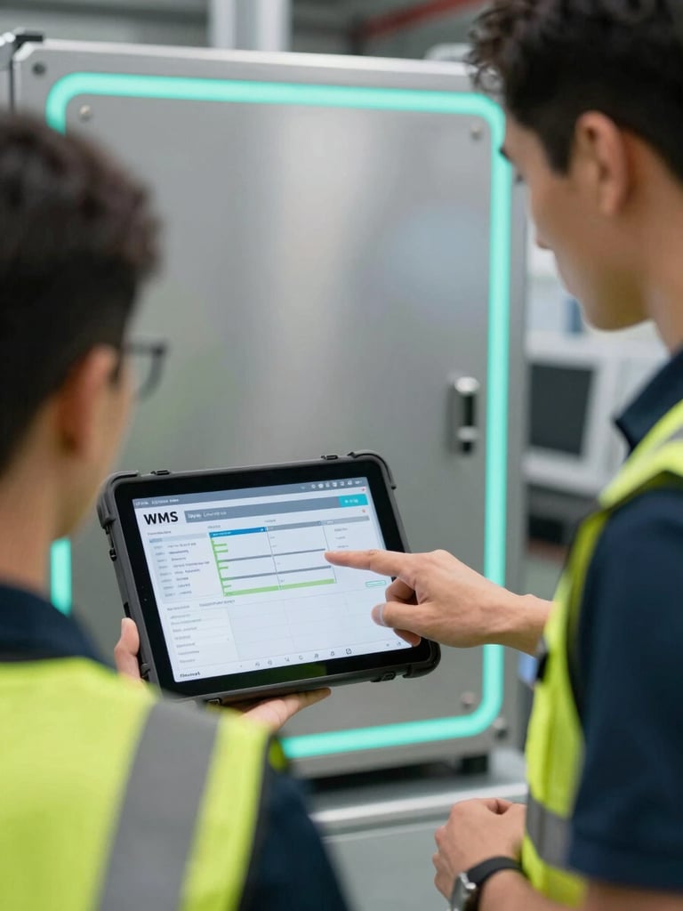 A close-up portrait of a logistics trainer pointing to a rugged tablet displaying a real-time WMS dashboard, an operator in a high-visibility vest watching, crisp industrial lighting, cool silver background with turquoise LED accents.