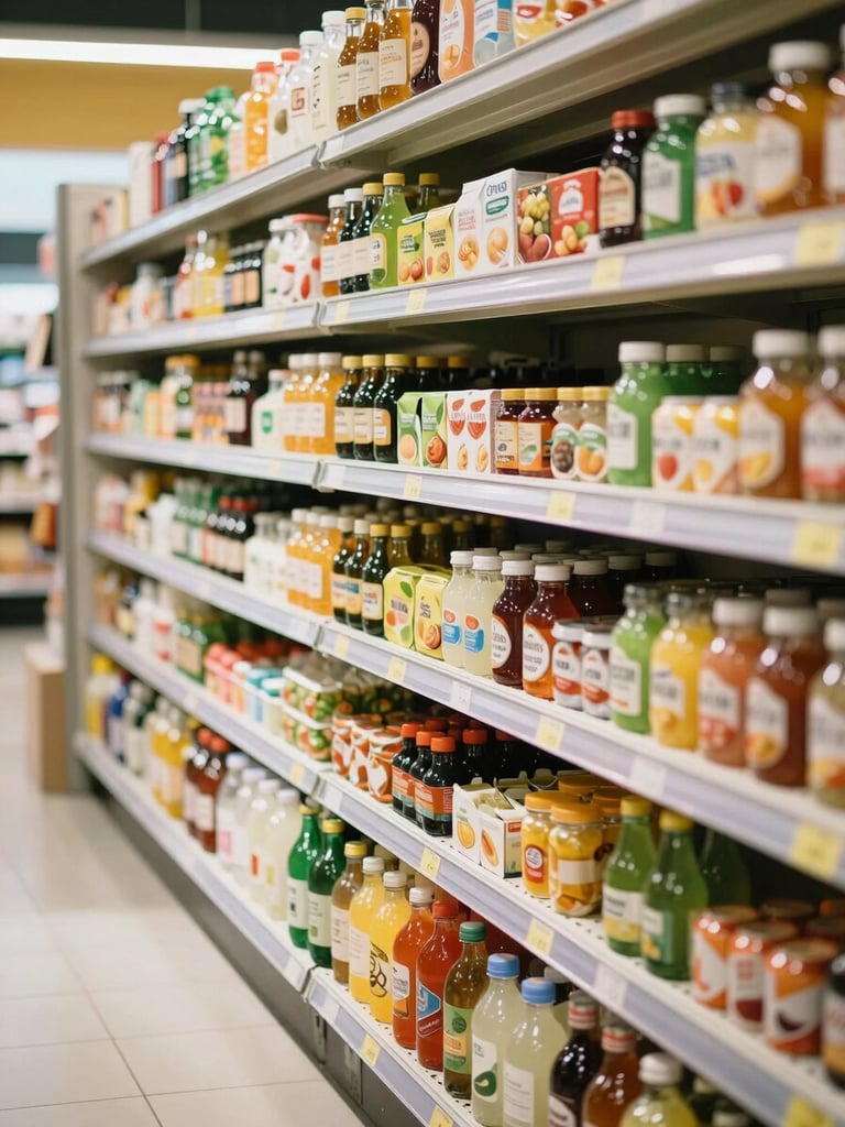 Warm interior of a clean local supermarket aisle, neatly stacked shelves with fresh grocery products, soft morning light, authentic atmosphere, 35mm