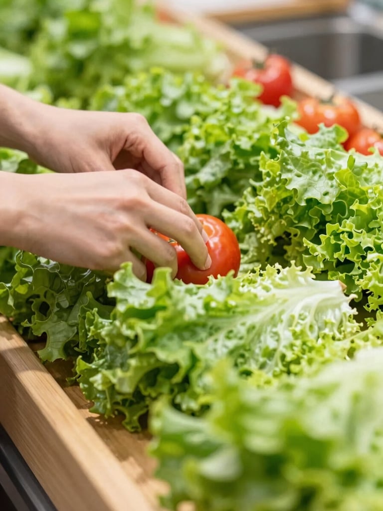 Close-up of hands arranging vibrant fresh green lettuce and red tomatoes on a wooden display, bright natural daylight, shallow depth of field