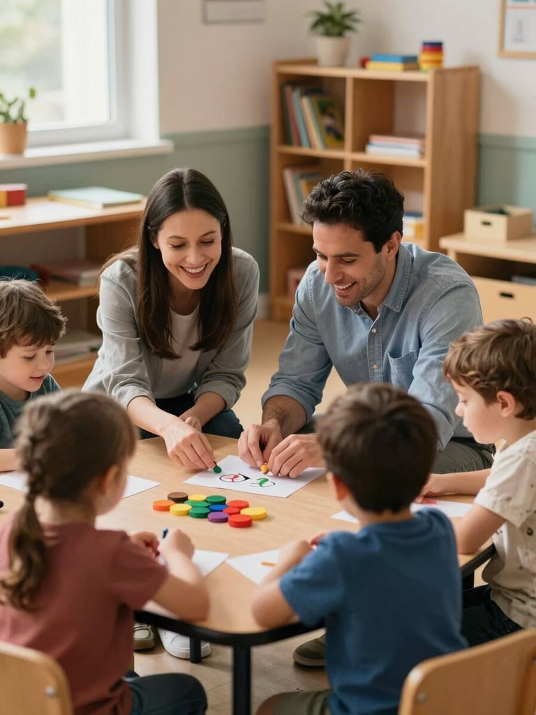 Close documentary-style shot of two teachers — a woman and a man — crouching together at a low classroom table with a small group of preschoolers, all engaged in a hands-on activity, warm natural window light from the left, genuine laughter and attention visible on their faces, wooden shelves with books and simple manipulatives in the soft-focus background