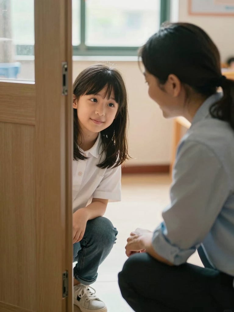 Close-up of a teacher kneeling beside a parent at the classroom doorway, both looking warmly at a small child between them, soft north-facing daylight from a nearby window, genuine moment of connection and trust