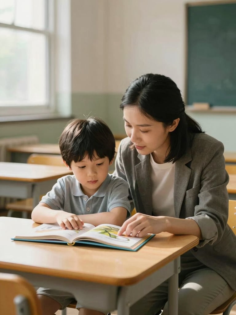 Close environmental shot, warm indoor classroom light — a teacher kneeling beside a young child at a small wooden table, both looking at an open picture book together, genuine quiet connection, soft natural window light from the left, mustard-yellow chair visible in background