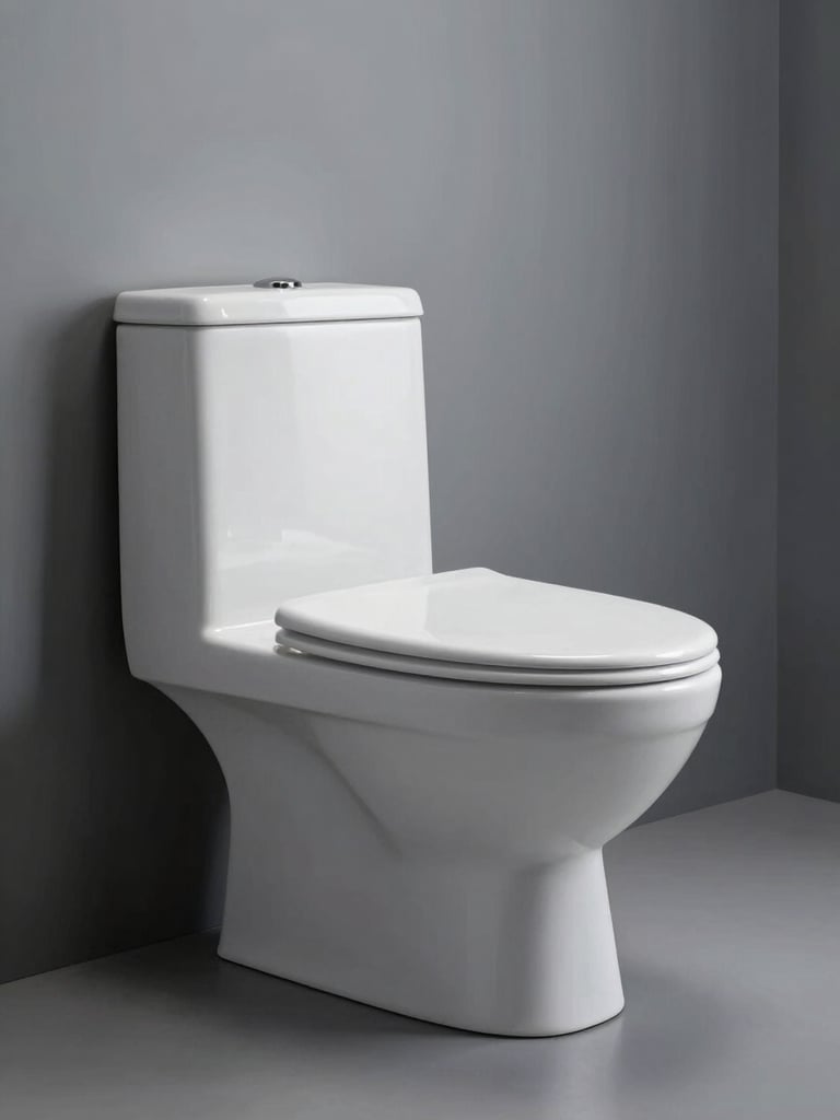 Orthographic side profile of a modern white wall-hung ceramic toilet, cool even studio lighting, soft shadows, neutral gray background.