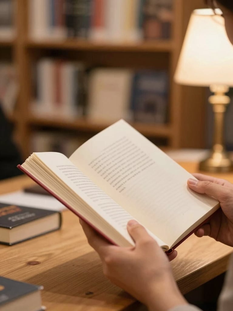 Close-up of a reader's hands holding an open book during a signing event, the book spine visible, warm tungsten ambient light from a nearby lamp, a blurred bookshelf in the background
