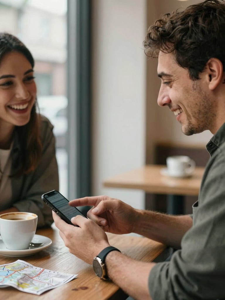Close-up of two travelers mid-conversation at a narrow cafe table, one pointing at a phone screen, natural window light from the left, an unguarded laugh visible, coffee cups and a crumpled map nearby, shallow depth of field, place context visible through the background window