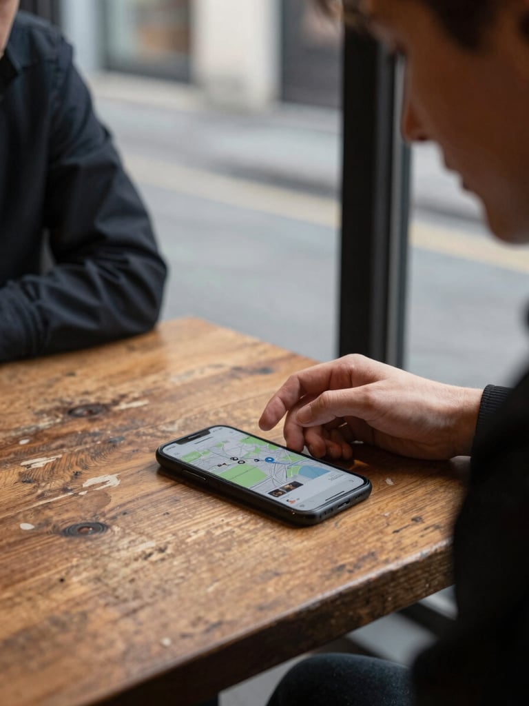 Close-up of two people at a worn wooden café table on a narrow side street, one person's hand resting beside a phone showing a map and social feed, soft diffused daylight from a nearby window, candid mid-conversation moment, shallow depth of field, no eye contact with camera