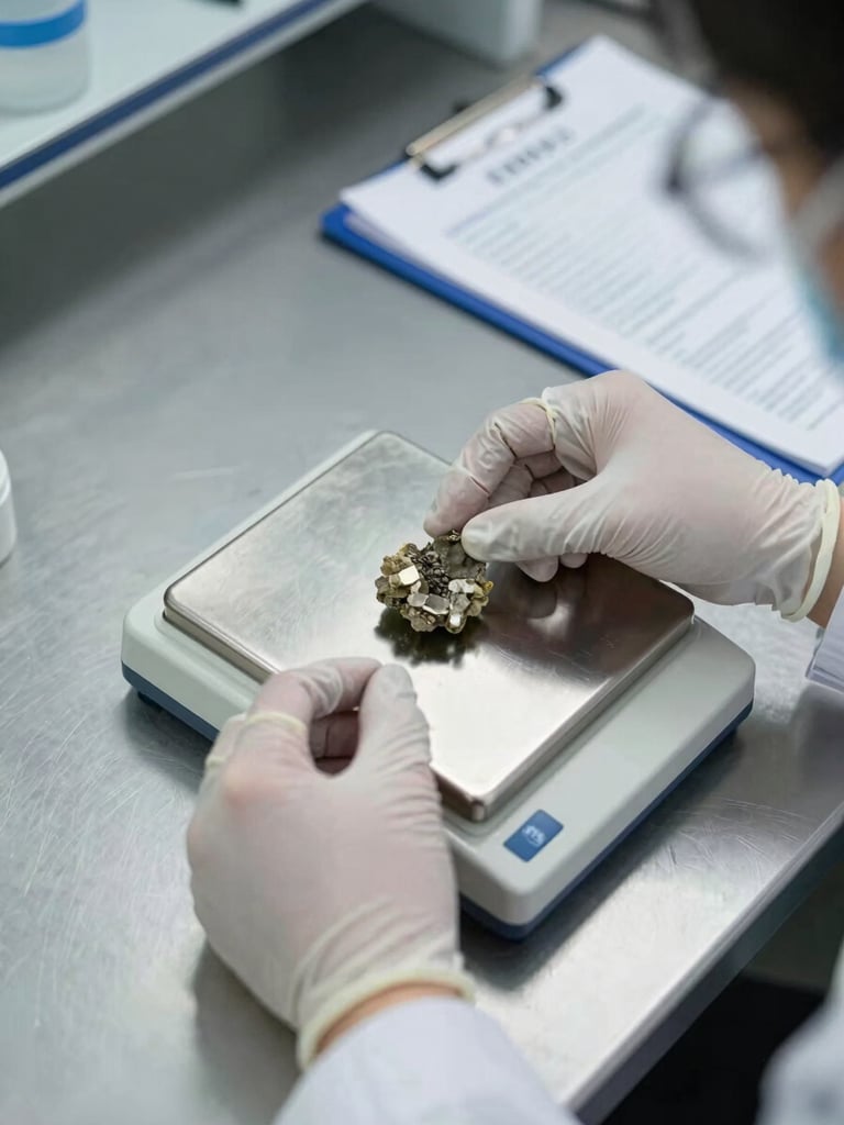 Close-up overhead shot of laboratory technician's gloved hands placing a mineral ore sample onto a precision scale, certification document and pen visible at the edge of the stainless steel workbench, natural fluorescent industrial light, documentary style
