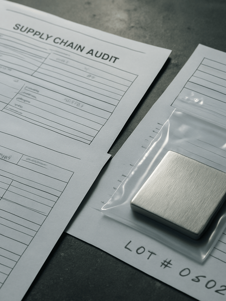 Close overhead documentary shot of supply chain audit documents spread on an industrial desk — printed compliance certificates, handwritten lot numbers, and a metal sample in a sealed specimen bag, cool office lighting, no text legible, no branding