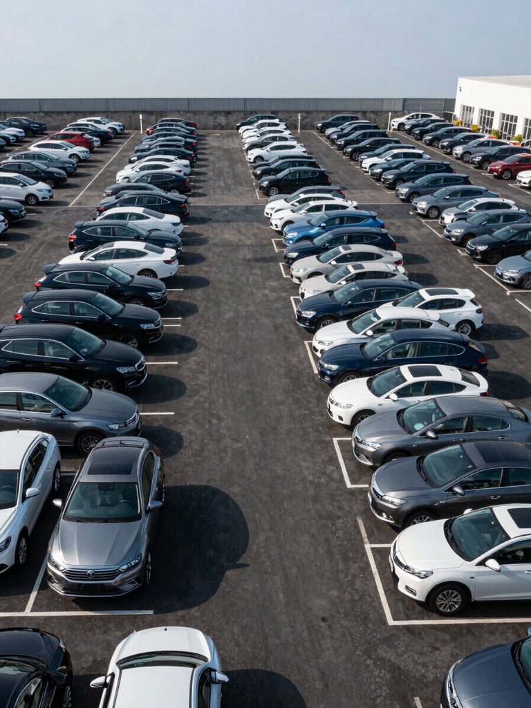 Overhead wide-angle view of a clean, organized car dealership lot at midday, rows of vehicles precisely aligned under bright even daylight, deep black asphalt, no people present, crisp shadows, shot from directly above with empty sky framing the upper edge