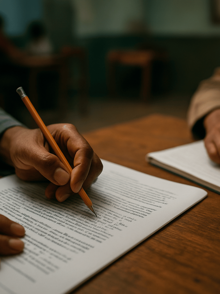 Close-up environmental shot inside an Indonesian community learning center — hands of two adult learners working through printed course materials on a table, pencil annotations visible, ambient classroom light from above, second person's notebook partially in frame