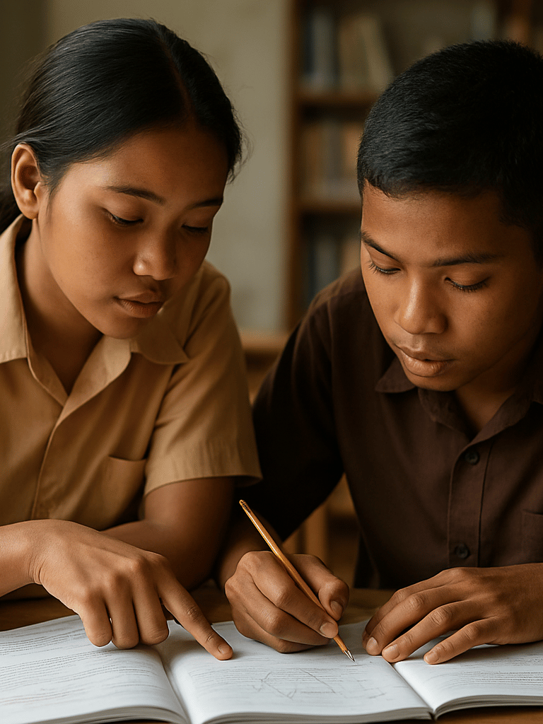 Close environmental shot of two Indonesian learners leaning over a shared workbook at a wooden desk, one pointing at a diagram while the other takes notes, natural side window light illuminating their hands and the page, background showing a community study room with bookshelves slightly out of focus