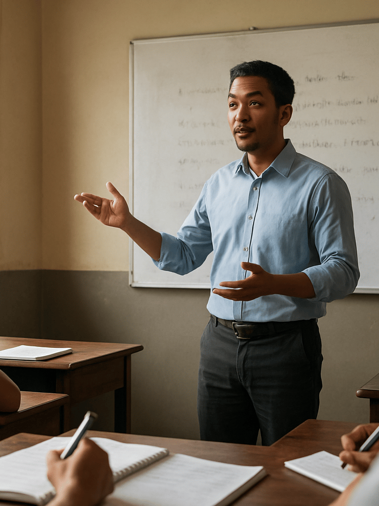 Wide environmental shot of an Indonesian instructor standing at a whiteboard in an active classroom, natural window light from the left, students' notebooks and hands visible in the foreground, the instructor mid-explanation gesturing toward written notes