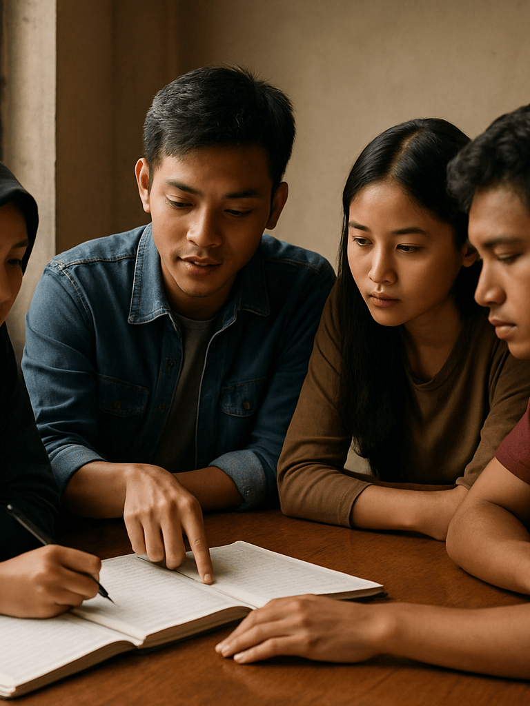 Close environmental shot of a small Indonesian study group seated around a shared table in a community center, notebooks open, one participant pointing to a page while two others lean in attentively, soft ambient daylight from a side window, no one looking at the camera