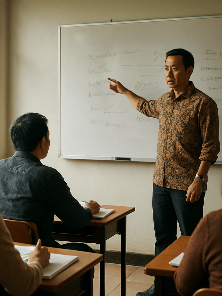 Environmental wide shot of an Indonesian instructor standing at a whiteboard in an active classroom, natural window light from the left, adult learners visible in the foreground with notebooks open on desks, instructor mid-gesture pointing to written notes