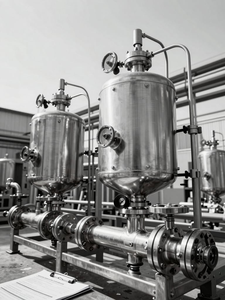 Wide low-angle view of stainless steel treatment equipment in an industrial facility, chemical dosing apparatus and valves in the foreground, cool north-facing daylight, monochrome high-contrast tones, technical documentation clipboard partially visible at the edge, no people