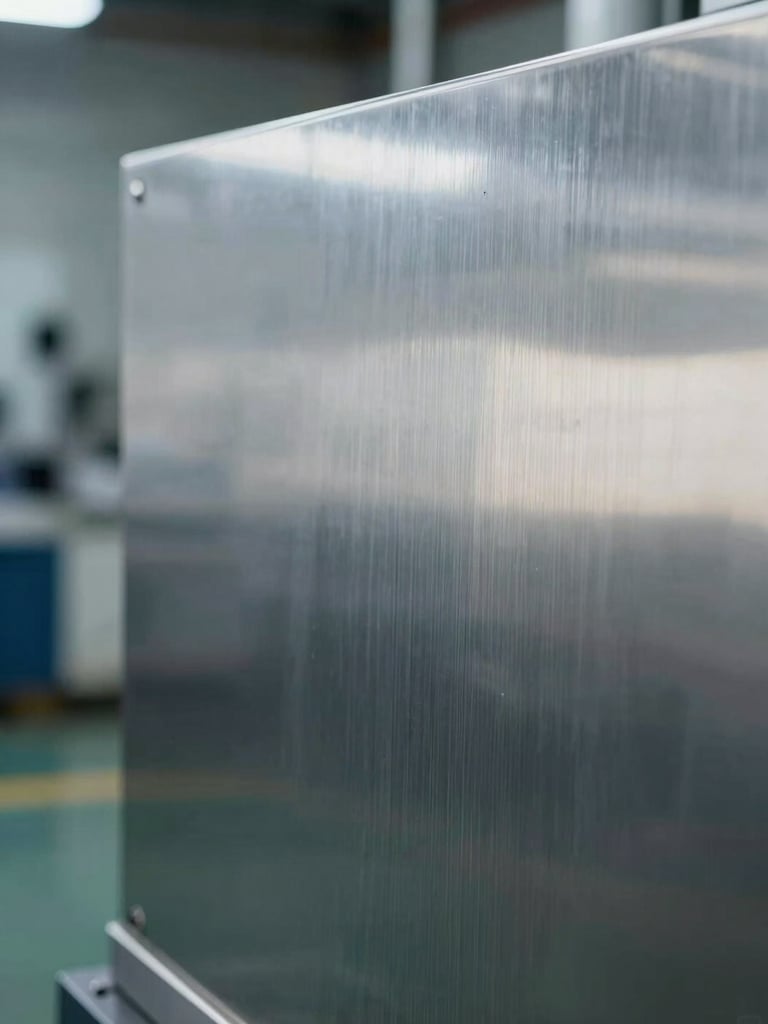 Macro close-up of a passivated stainless steel surface, right-aligned in frame, cool controlled studio light, mirror-like finish with faint geometric reflections, industrial facility background out of focus to the far left
