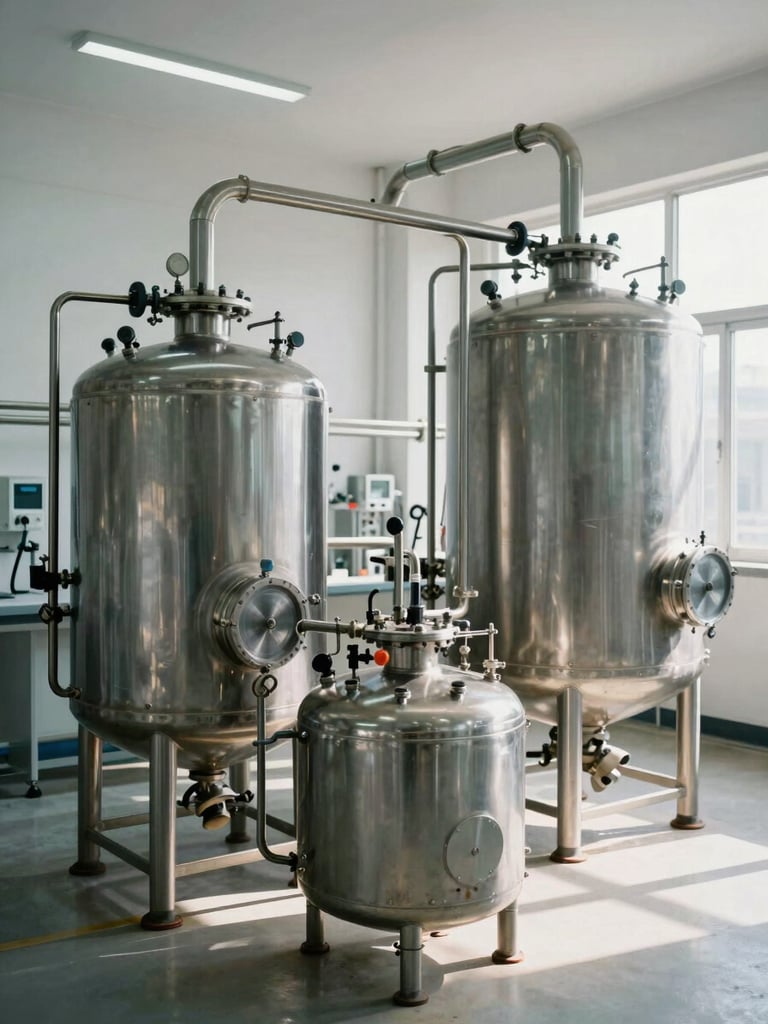 Wide environmental shot of an industrial passivation station: stainless steel tanks and piping in a clinical white facility, cool north-facing daylight, no people, overhead angle emphasizing the geometry of the equipment