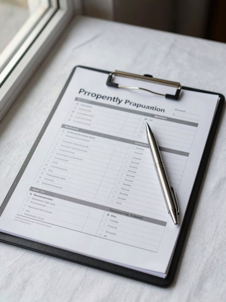 Overhead close-up of a printed property preparation checklist on a clipboard resting on a white linen surface, a pen placed diagonally across it, natural window light from the left casting a faint shadow — the procedural calm of a pre-arrival protocol
