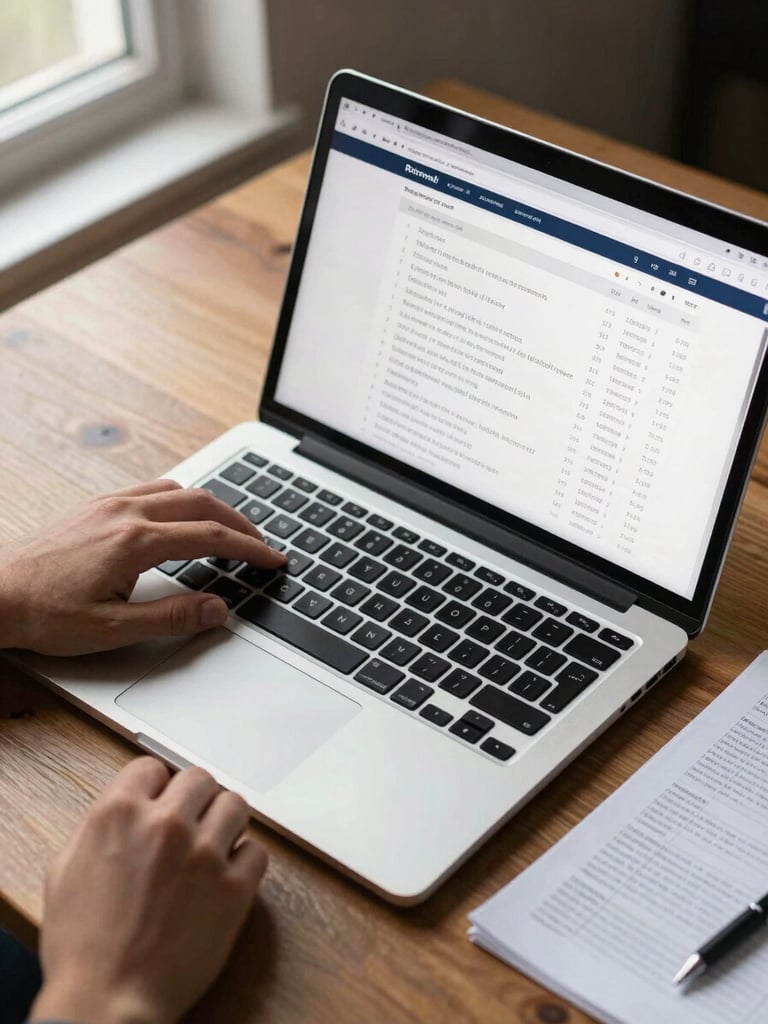 Close overhead shot of a laptop open on a rental listing dashboard on a wooden desk, a printed pricing table beside it, natural window light from the left, a hand resting near the keyboard mid-adjustment, no people's faces visible