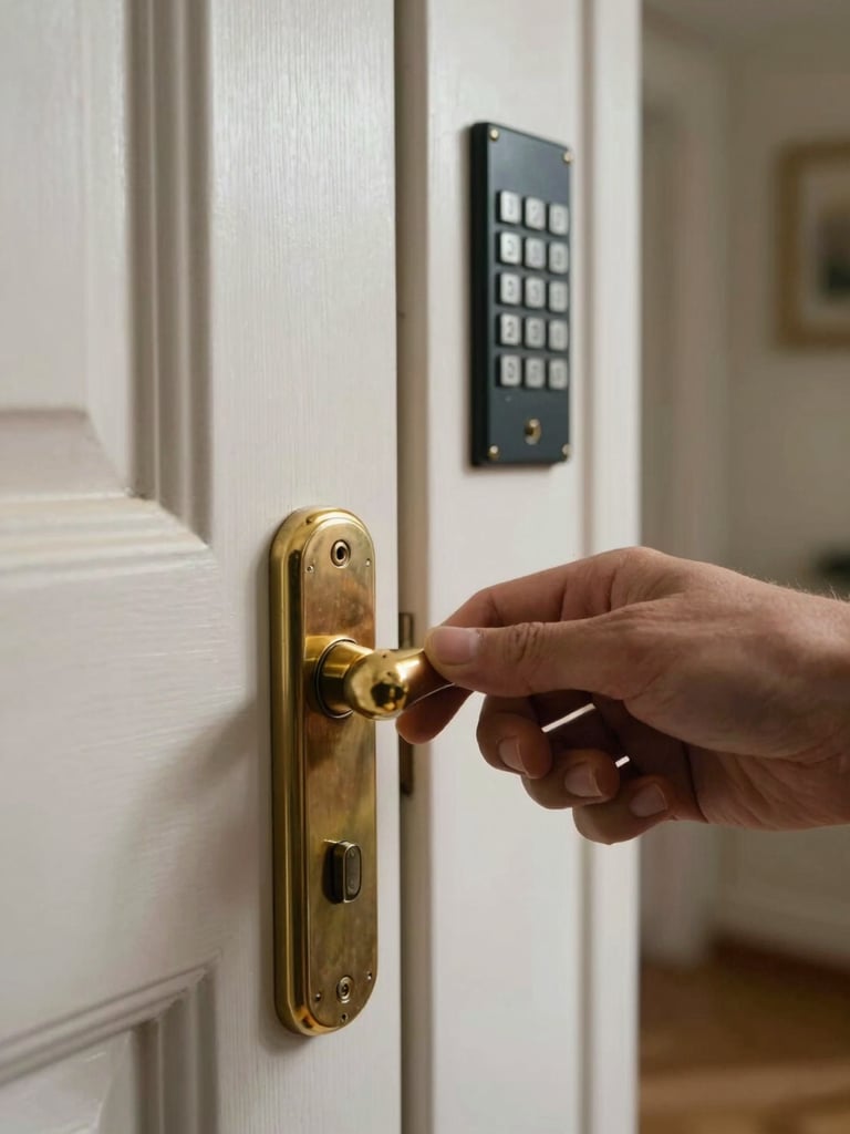 Close-up of a hand testing a door lock mechanism at a Parisian apartment entry, brass handle detail visible, natural corridor light, an access code panel mounted on the wall beside the door, no faces in frame