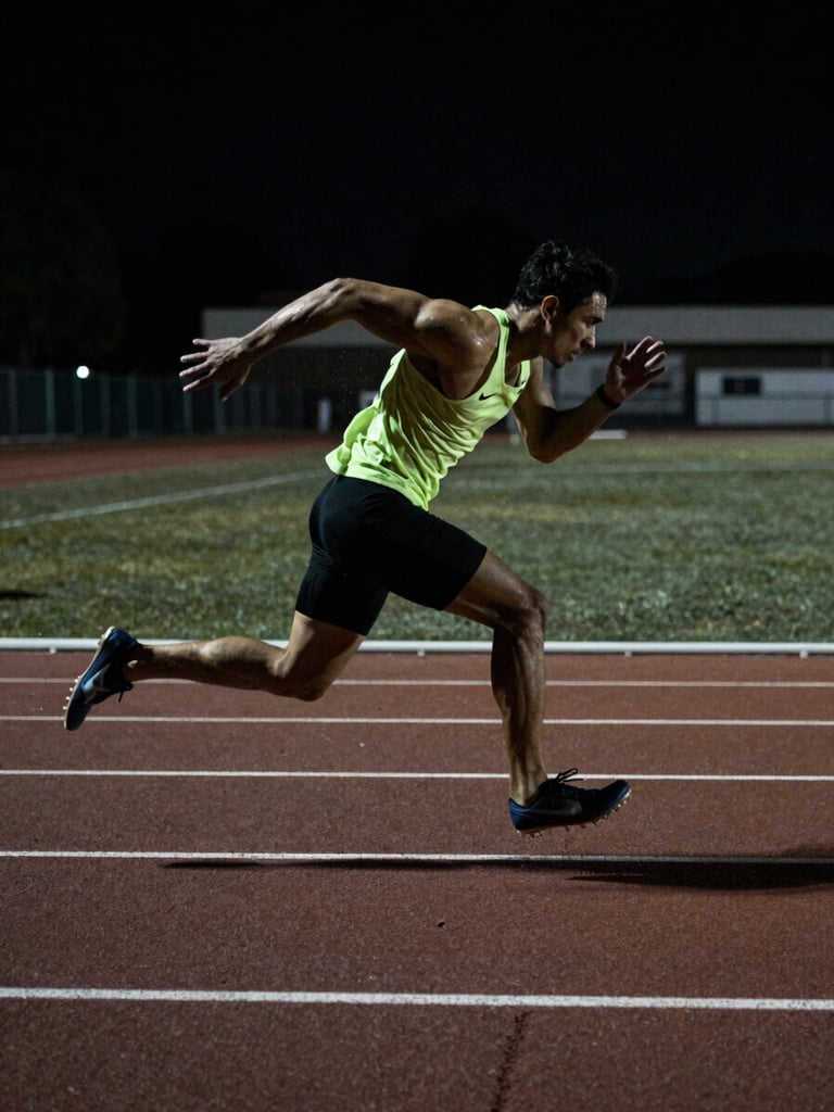 Athlete mid-sprint on an indoor turf track, dynamic motion blur, sweat visible, high-contrast rim lighting, gritty atmosphere, desaturated tones with neon accents.