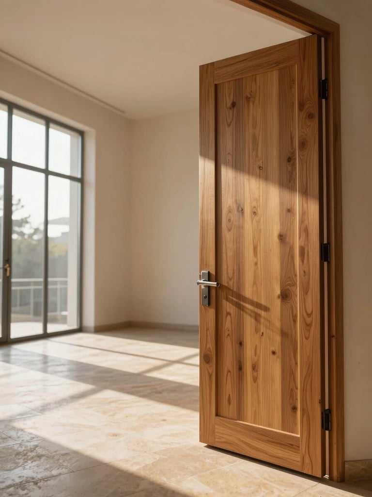 Wide interior room shot from a low angle, a tall solid-wood door open to the right occupying the full frame height, warm north-facing daylight streaming through floor-to-ceiling windows on the left wall, casting long diagonal shadows across pale stone flooring, empty room with generous proportions, natural wood grain close to camera, golden-hour warmth at far wall