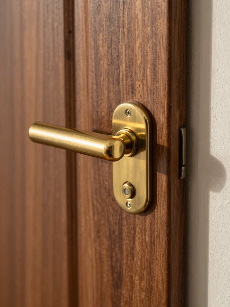Extreme close-up of a solid walnut door edge with brushed brass lever handle, natural north-facing daylight revealing the grain depth and material weight, tight framing showing the door's reveal against a plaster wall