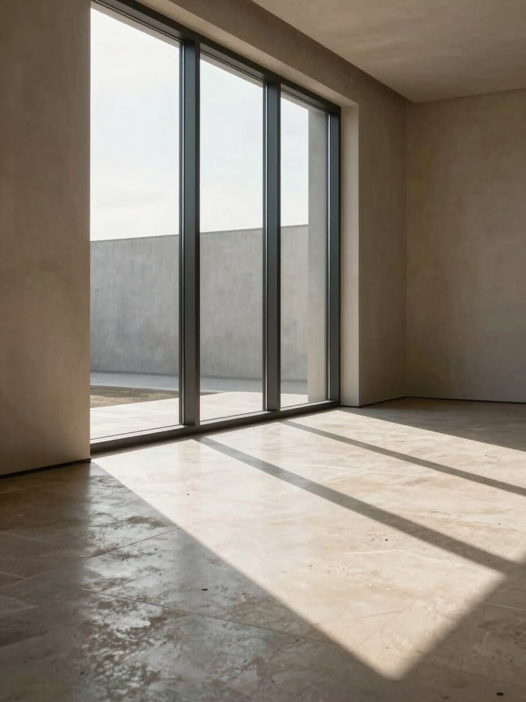 Wide interior room view from inside looking toward a floor-to-ceiling window, afternoon sun casting long rectangular shadows across a pale stone floor, minimal furnishing, the window frame a dark powder-coated aluminium against warm plaster walls