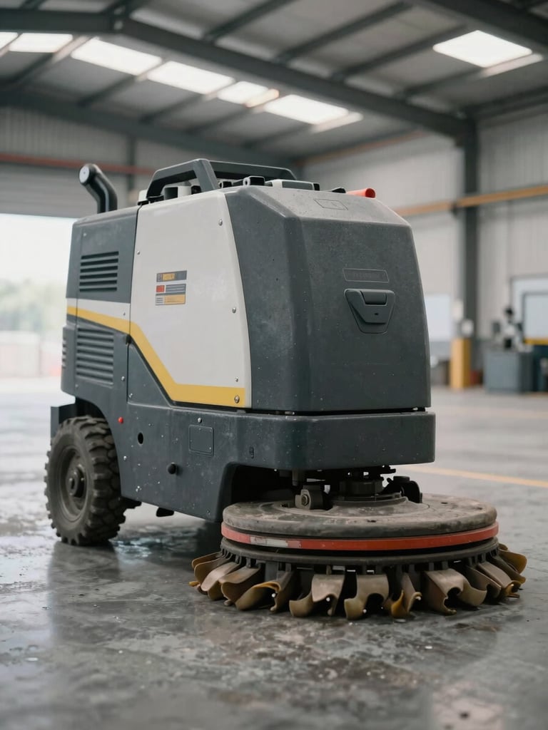 Close-up of industrial floor scrubbing machine on polished concrete floor inside a large warehouse, bright daylight from skylights above, no people, machinery detail sharp in foreground