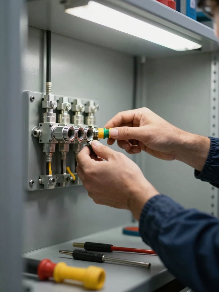 Close-up of a technician's hands connecting electrical conduit fittings on a metal panel inside a commercial utility room, bright overhead fluorescent lighting, no human face visible, tools laid on a grey work surface in the foreground