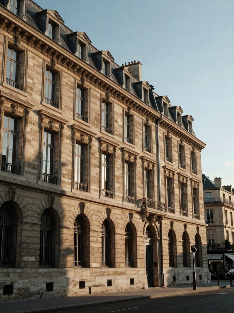 Vue en contre-plongée d'une façade haussmannienne aux lignes architecturales rigoureuses à Paris, lumière naturelle diffuse de fin d'après-midi, ombres marquées.